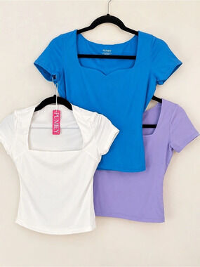 PUMIEY 3 Square Neck Sweetheart Fitted Baby Tees - Blue, Lavender, White - Small